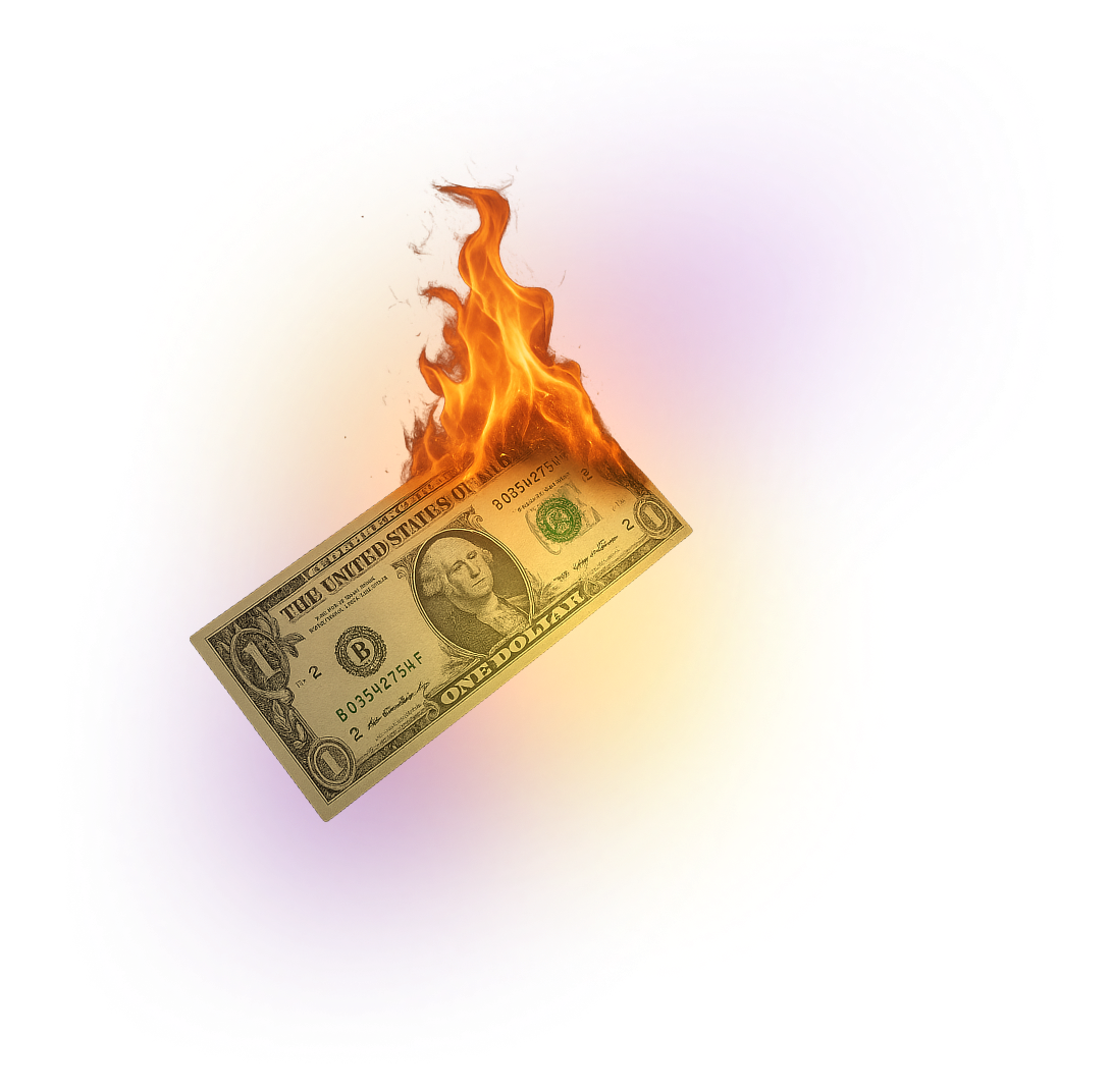 Nota de dólar pegando fogo, representando dinheiro de marketing sendo desperdiçado.